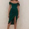 Loretta Emerald Green Satin Off Shoulder Dress