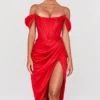 Loretta Red Satin Off Shoulder Dress