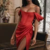 Loretta Red Satin Off Shoulder Dress