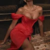 Loretta Red Satin Off Shoulder Dress