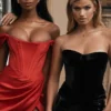 Loretta Red Satin Off Shoulder Dress