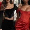 Loretta Red Satin Off Shoulder Dress
