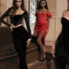 Loretta Red Satin Off Shoulder Dress