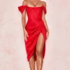 Loretta Red Satin Off Shoulder Dress