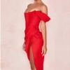 Loretta Red Satin Off Shoulder Dress