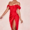 Loretta Red Satin Off Shoulder Dress