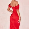 Loretta Red Satin Off Shoulder Dress