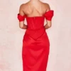 Loretta Red Satin Off Shoulder Dress