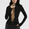 Lori Black Crystallised Lace Up Top