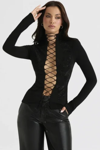 Lori Black Crystallised Lace Up Top