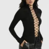 Lori Black Crystallised Lace Up Top