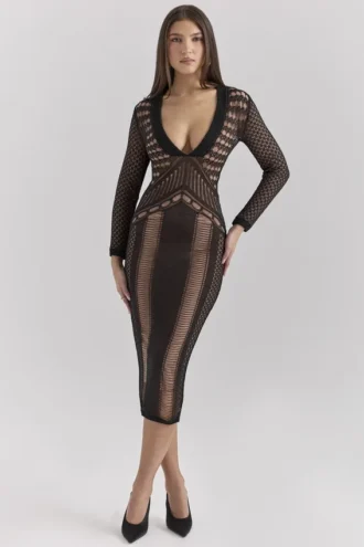 Loula Black Plunge Midi Dress