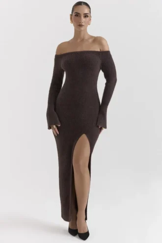 Lucena Espresso Knit Off Shoulder Dress