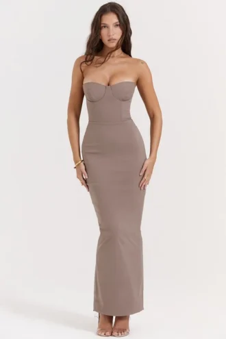 Lucia Taupe Strapless Corset Maxi Dress