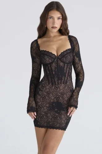 Lucienne Black Embroidered Floral Lace Mini Dress – Limited Edition