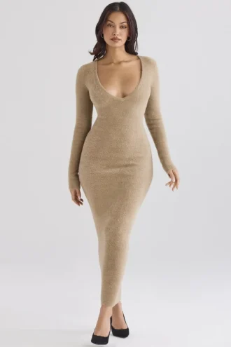 Lucille Camel Fuzzy Maxi Dress