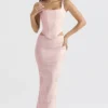 Luisette Pink Metallic Floral Satin Midi Skirt