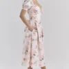 Lulabell Peach Floral Cotton Puff Sleeve Midi Dress