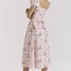 Lulabell Pink Ribbon Print Cotton Midi Dress
