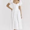 Lulabell White Stretch Cotton Puff Sleeve Midi Dress
