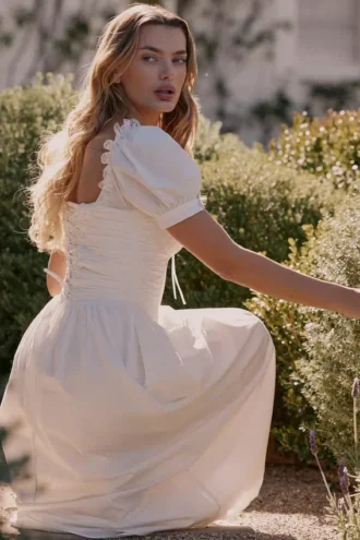 Lulabell White Stretch Cotton Puff Sleeve Midi Dress