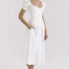 Lulabell White Stretch Cotton Puff Sleeve Midi Dress