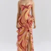 Lumira Sunset Swirl Print Ruffle Cut Out Maxi Dress