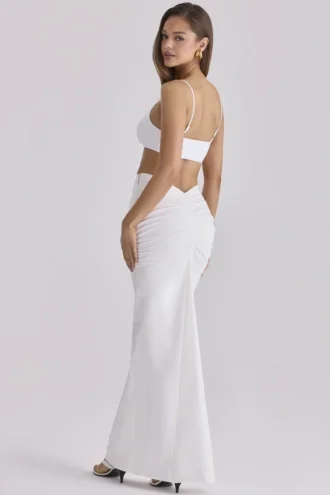 Lyra White Cotton V Back Draped Maxi Skirt