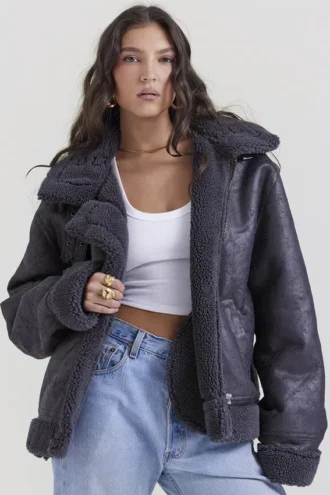 Madden Grey Vegan Shearling Aviator Jacket