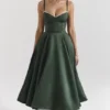 Mademoiselle Forest Green Satin Tulle Midi Dress