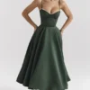 Mademoiselle Forest Green Satin Tulle Midi Dress