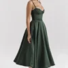 Mademoiselle Forest Green Satin Tulle Midi Dress