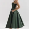 Mademoiselle Forest Green Satin Tulle Midi Dress