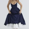 Mademoiselle Navy Satin Tulle Midi Dress