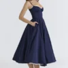 Mademoiselle Navy Satin Tulle Midi Dress