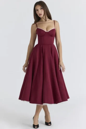 Mademoiselle Wine Satin Tulle Midi Dress
