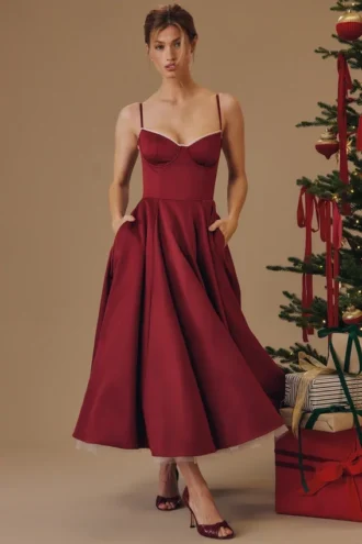 Mademoiselle Wine Satin Tulle Midi Dress