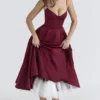 Mademoiselle Wine Satin Tulle Midi Dress