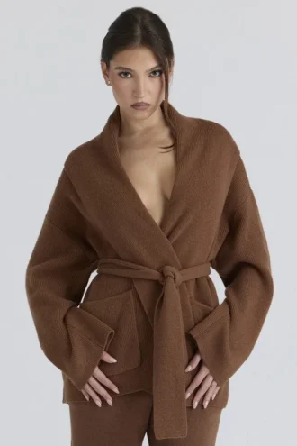 Madison Tan Pure Wool Draped Front Cardigan