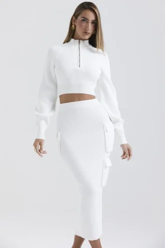Maeve White Ribbed Knit Cargo Skirt