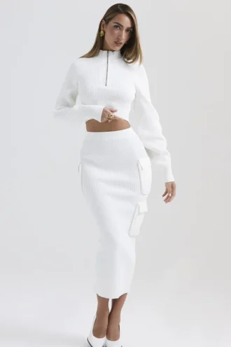 Reeva White Balloon Sleeve Ribbed Sweater