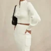 Reeva White Balloon Sleeve Ribbed Sweater