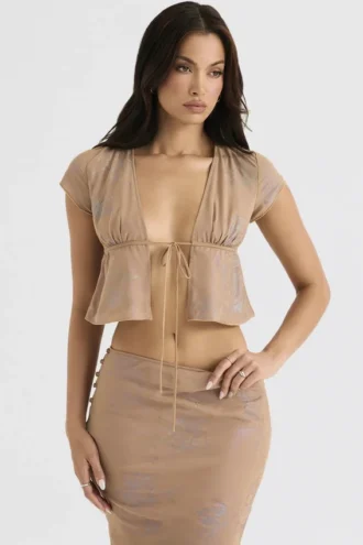 Maia Shimmer Cafe Au Lait Tie Front Top