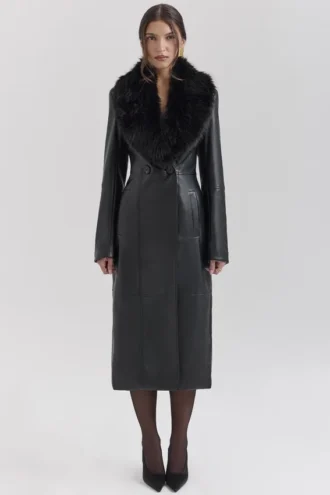 Marcel Black Faux Fur Trimmed Vegan Leather Coat