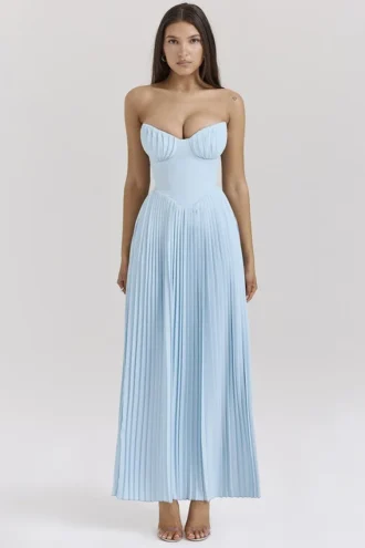 Marcella Ocean Blue Pleated Maxi Dress