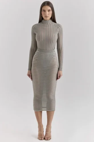 Margo Grey Velour Sheer Striped Midi Skirt