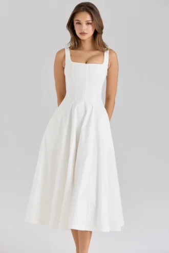 Mariabella White Stretch Cotton Midi Sundress