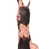 Mariamma Dark Brown Floral Printed Satin Maxi Dress