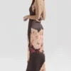 Mariamma Dark Brown Floral Printed Satin Maxi Dress