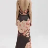Mariamma Dark Brown Floral Printed Satin Maxi Dress